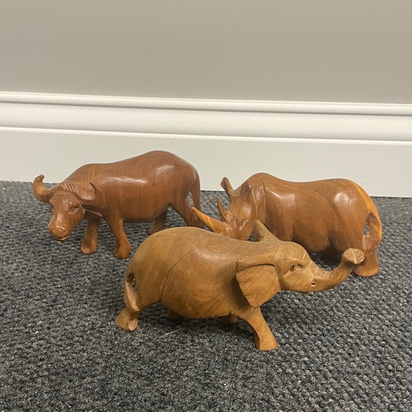 Other - Lot of 3 Hand carved wooden animals safari elephant water buffalo rhino